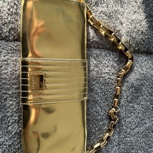 Koobq Penelope gold patent clutch with removable thick gold chain strap